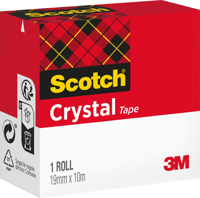 3M Scotch Büro-Klebeband Crystal – permanent, Kunststoff, 19 mm × 10 m, transparent, Kern Ø 25 mm