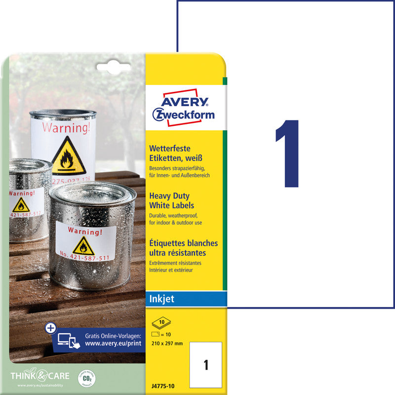Avery Etiketten (A4-Bogen), 210 mm × 297 mm, weiss, Folie, extra stark, 10 Blatt