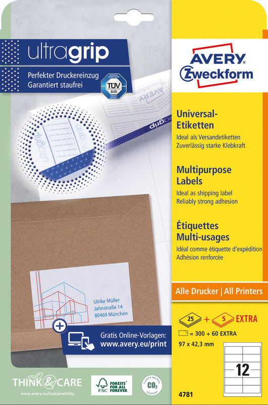 Avery Druckeretiketten, 97 mm × 42,3 mm, weiss, Papier, permanent, 360 Etiketten (30 Blatt)