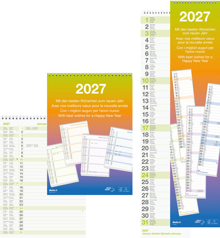 Biella Wandkalender – viersprachig d/f/i/gb – 2027 – Spiralbindung – 21 × 29,7 cm