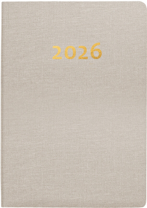 Biella Tell Agenda – 2 Tage pro Seite, gebunden, 8,5 × 12,5 cm, 2026, mehrsprachig, beige, FSC