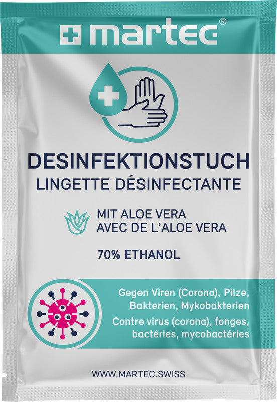 MARTEC Desinfektions-Reinigungstücher, feucht – für abwaschbare Oberflächen und Hände, weiss, 19 × 14 cm, 10 Stk