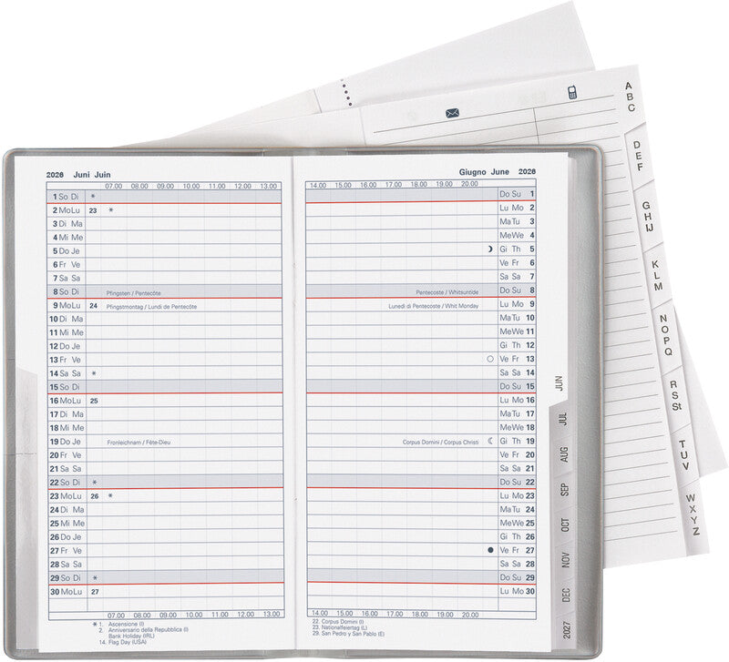 Biella Luzern Agenda – 1 Monat/2 Seiten, geheftet, 8,7 × 15,3 cm, 15 Monate Okt–Dez, 2026, silber, PEFC
