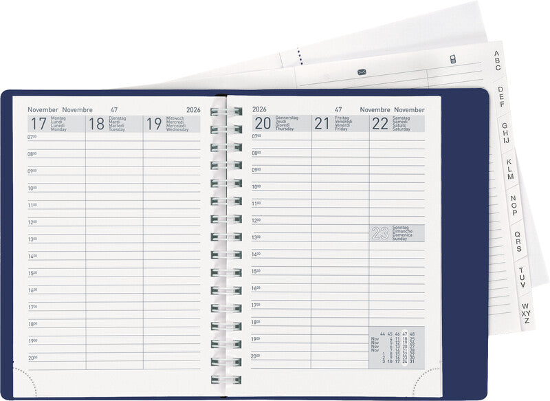 Biella Rex Agenda – 1 Woche/2 Seiten, Spiralbindung, 10,1 × 14,2 cm, 2026, Dunkelblau, FSC