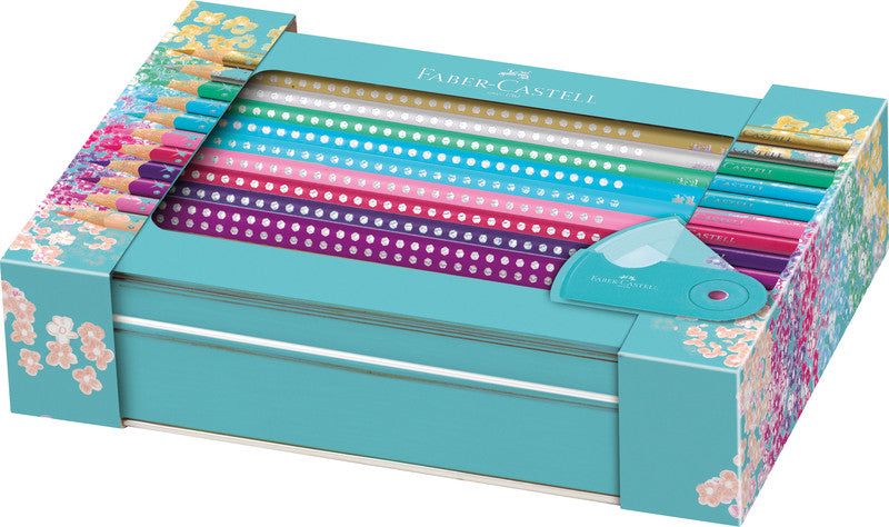 Faber-Castell Aquarellfarbstifte Grip Sparkle – 20 Farben, im Metalletui, mit Spitzer, Ø 3 mm, dreikantig, FSC