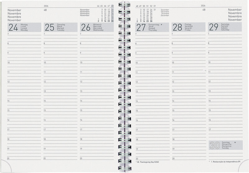 Biella Terminia Agenda – 1 Woche/2 Seiten, Wire-O, 14,5 × 20,5 cm, 2026, mehrsprachig, grau, FSC