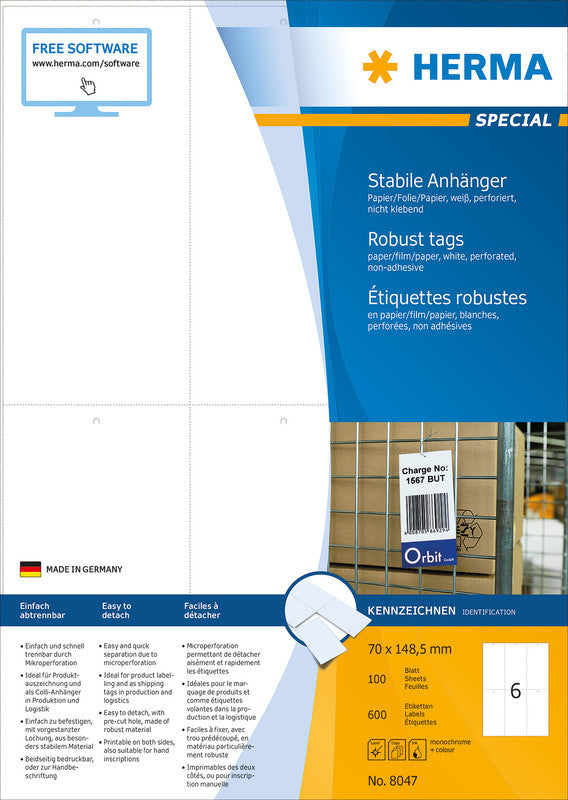 HERMA Schmucketiketten – Papier, 600 Stk, 100 Bogen, 70×148,5 mm