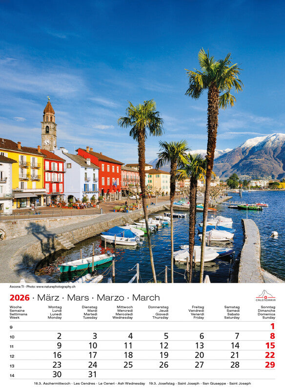 Calendaria Bildkalender Swiss Souvenir 2026 – 23 × 31,5 cm – mit Aufhänger