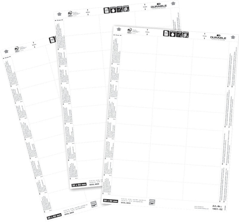 Durable Schuletiketten – für Namensschilder 8006, 8502, 8507 und mehr – 60×30 mm, 540 Stk, 20 Bogen, Papier