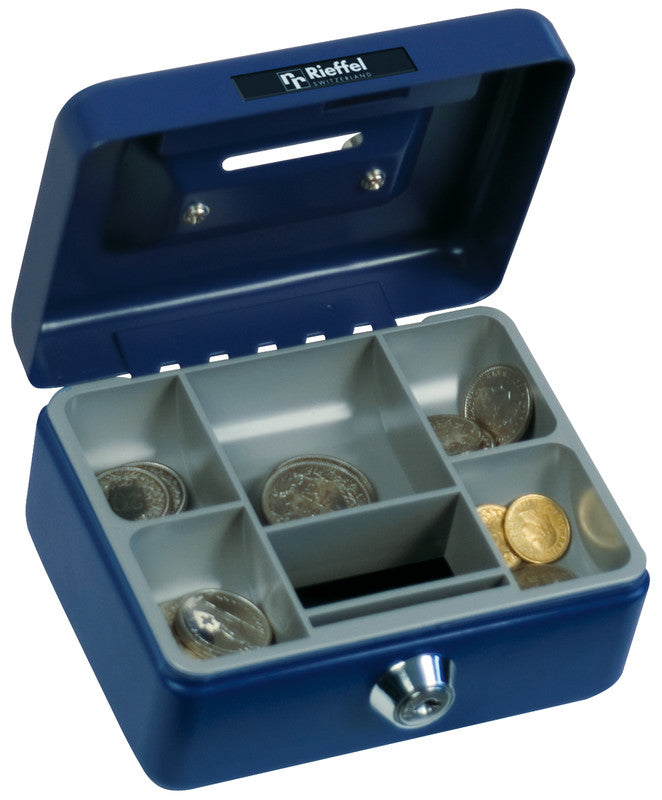 Rieffel Geldkassette – mit Schlüssel – 12,5 × 9,5 × 6 cm – Blau – Stahl