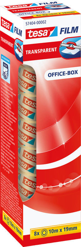 TESA Büro-Klebeband – permanent, klar, Kunststoff, 19 mm × 10 m, Kern Ø 26 mm, 8 Rollen