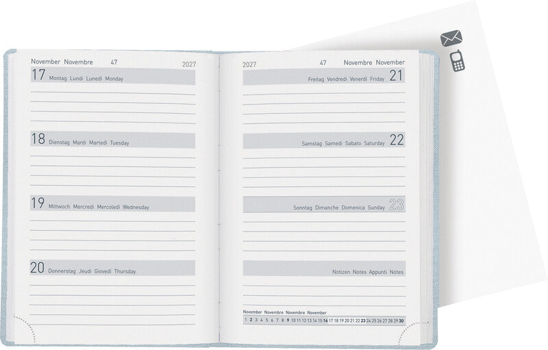 Biella Memento Agenda – 1 Woche/2 Seiten, Gebunden, 10,1 × 14,2 cm, 2027, Mehrsprachig, Hellblau, FSC