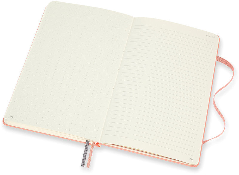 Moleskine Notizbuch, 130 × 210 mm, punktkariert, Leimbindung, Hardcover, 160 Seiten, 120 g/m² – korallenrosa