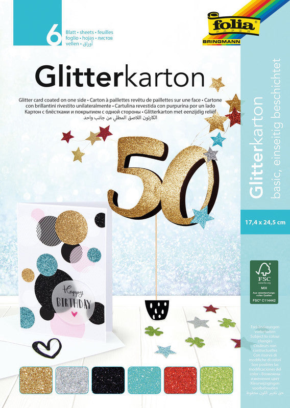 Folia Glitzerkarton – 174 × 245 mm – 300 g/m² – sortiert – 6 Blätter