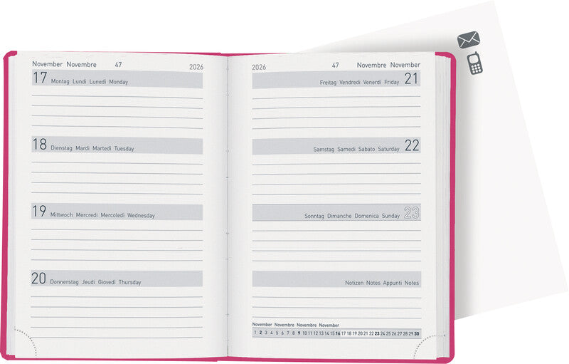 Biella Memento Ladytimer Agenda – 1 Woche/2 Seiten, Gebunden, 10,1 × 14,2 cm, 2026, Mehrsprachig, Rosa, FSC