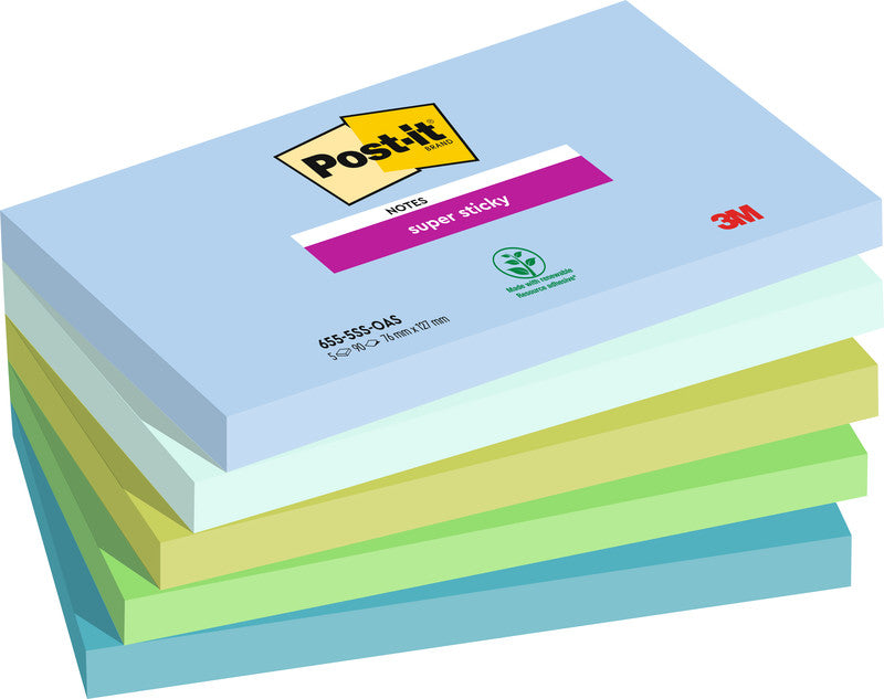 Post-it Super Sticky Haftnotizen – 127×76 mm – sortiert, 5×90 Blatt, PEFC