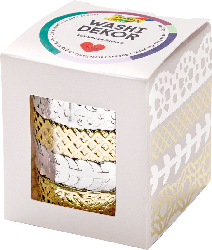 Folia Washi Tape Spitzenbordüre – wiederablösbar, Hotfoil, Papier, Silber/Gold, 2×10 mm × 5 m + 2×15 mm × 5 m