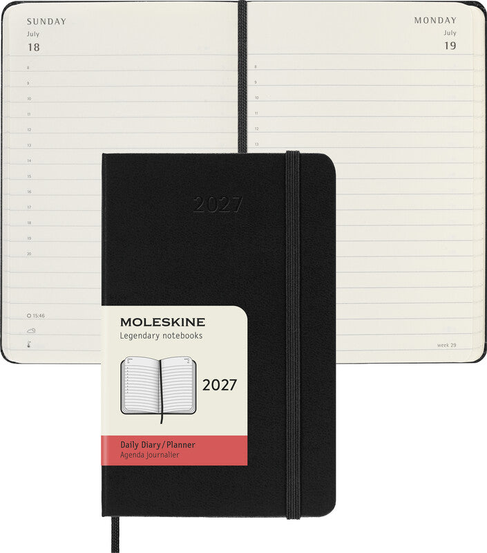 Moleskine Taschenagenda Daily – Tagesagenda 2027, 1 Tag/1 Seite, 9 × 14 cm, Hardcover, Englisch, Schwarz
