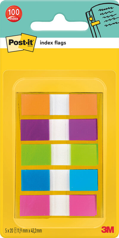 Post-it Indexstreifen – 11,9×43,2 mm – sortiert, 5×20 Stück, mit Dispenser