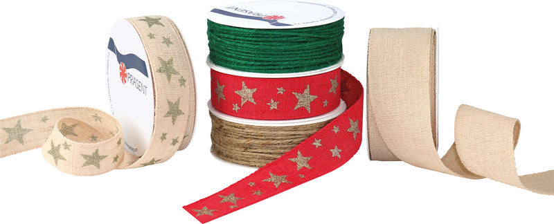 Präsent Leinenband und Kordel – Polar, Weihnachten – farbig sortiert – 2 mm × 5 m, 25 mm × 2 m, 40 mm × 2 m – 32 Rollen