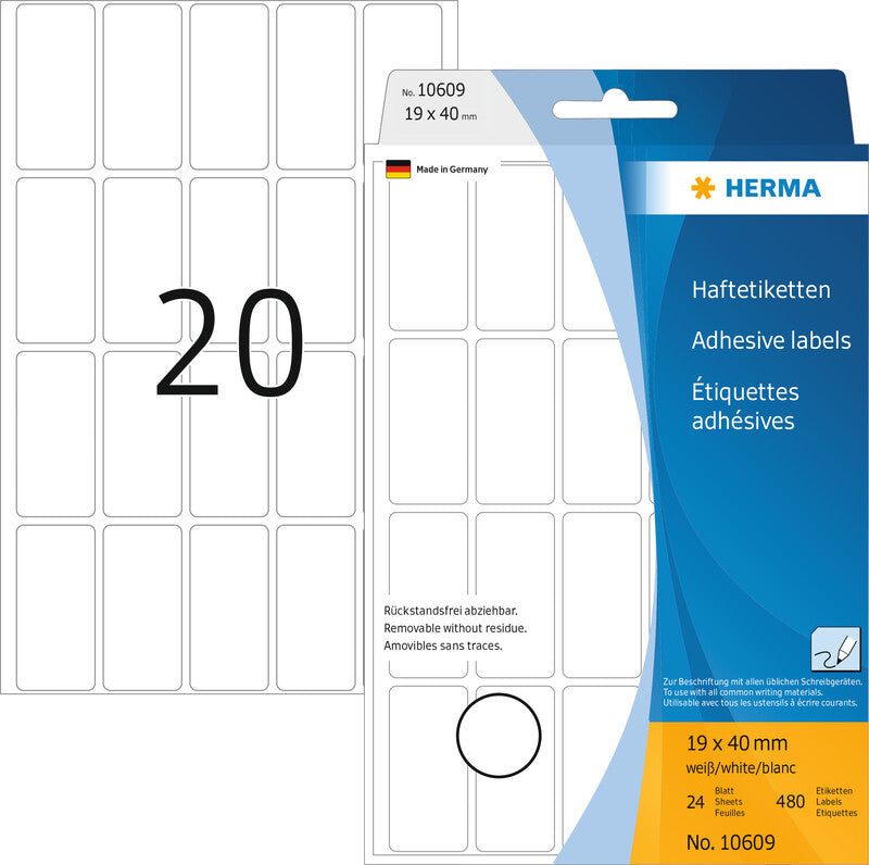 HERMA Schuletiketten – 19×40 mm, Abgerundete Ecken, 480 Stk, 24 Bogen, Papier, Ablösbar