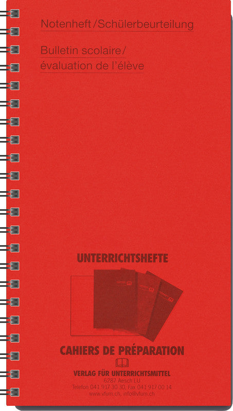 Verlag für unterrichtsm. Schulnotenbuch, 105 × 190 mm, Spiralbindung, Karton, 30 Seiten, 100 g/m² – rot