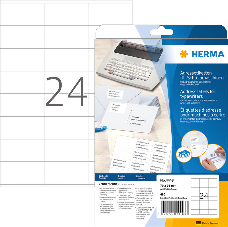 HERMA Adressetiketten, korrigierbar – für Schreibmaschinen bis 4 Durchschläge – 480er-Pack