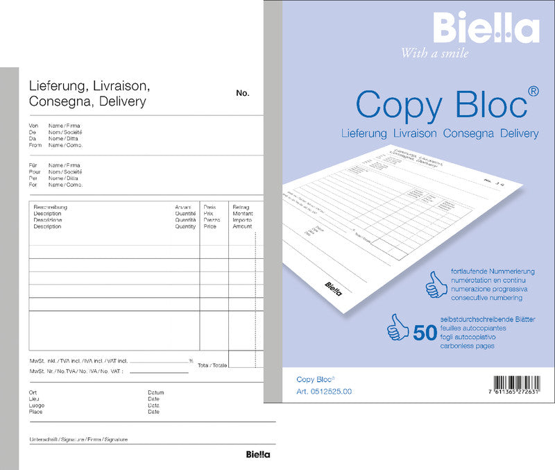 Biella Formularblock – Lieferschein, mehrsprachig, 50 Blatt, A5