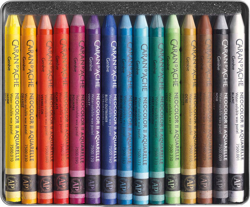 Caran d-Ache Caran d'Ache Neocolor II Aquarellfarbstifte-Set – 15 Farben, Mine Ø 8,6 mm, Metallschachtel