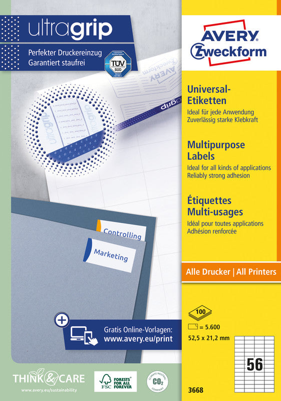 Avery Druckeretiketten, 52,5 mm × 21,2 mm, weiss, Papier, permanent, 100 Blatt