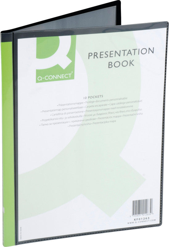Q-CONNECT Sichtbuch – 10 Sichttaschen, A4, mit Fronttasche, genarbt, antireflex, schwarz, Kunststoff, 38 µm