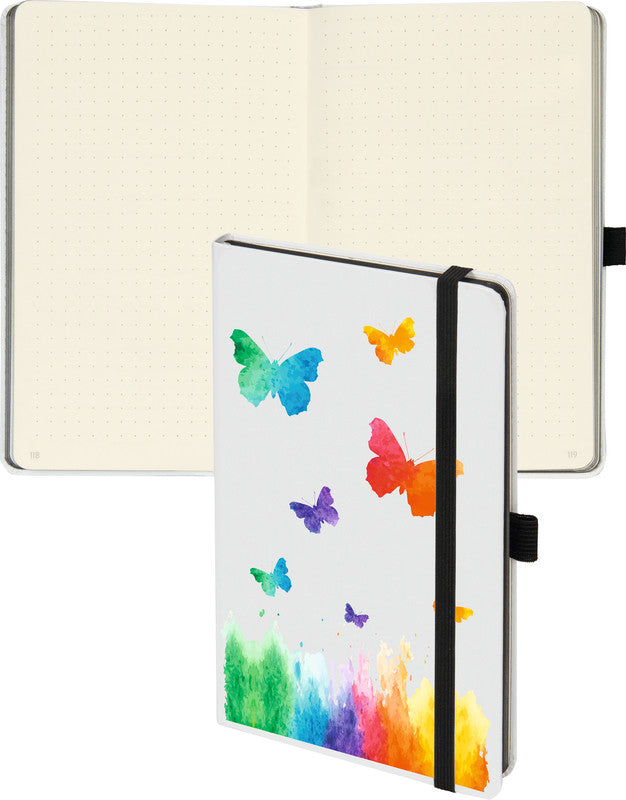 Biella Notizbuch, 125 × 195 mm, punktkariert, Fadenheftung, 192 Seiten, 80 g/m² – mehrfarbig