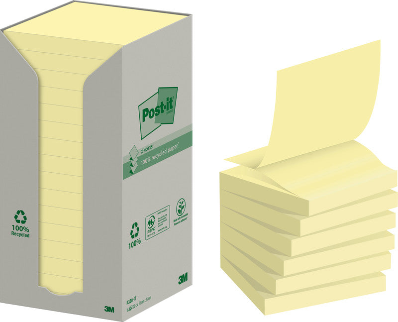 Post-it Recycling Tower Haftnotizen – 76×76 mm – Gelb, 16×100 Blatt, PEFC