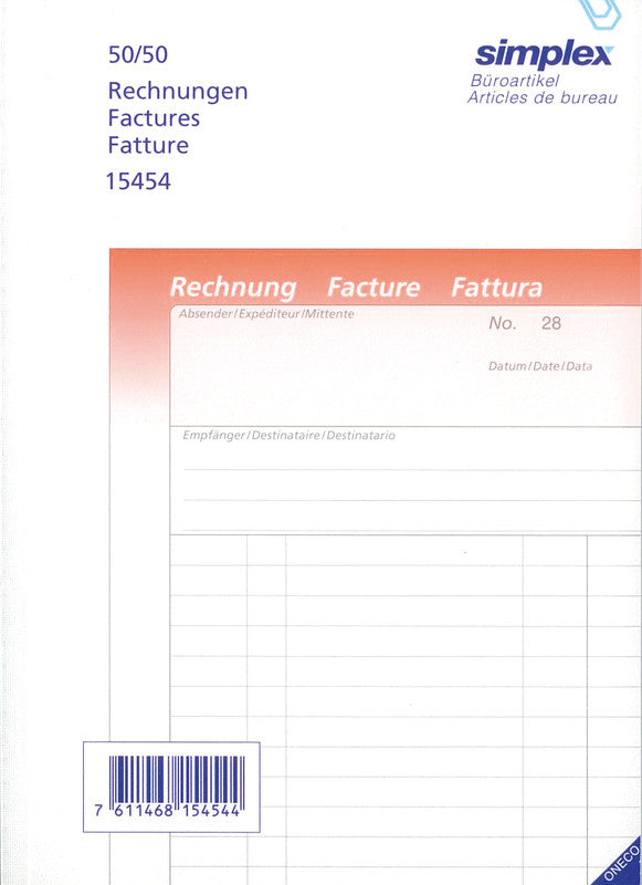 Simplex Oneco Formularblock – Rechnungen, mehrsprachig, 50 Blatt, A5