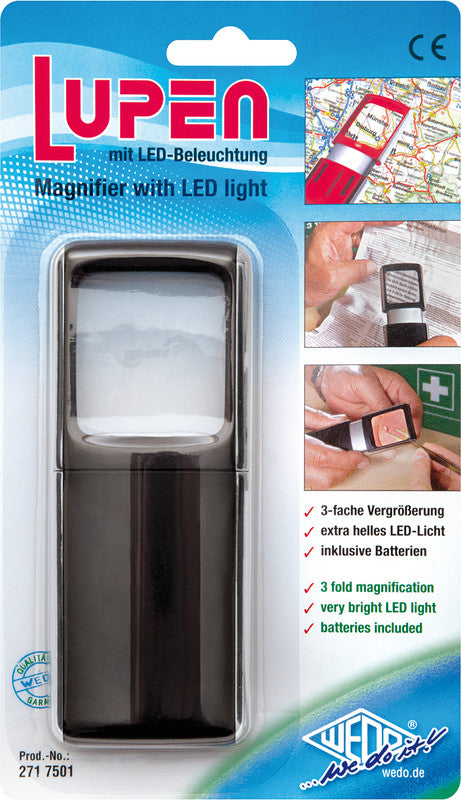 Wedo Leuchtlupe – 3× – mit LED, schwarz, Linse 35 × 38 mm, B 47 × H 118 × T 14 mm