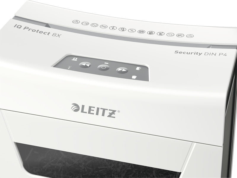 Leitz IQ 8X Protect Premium – Aktenvernichter, DIN P-4, Partikelschnitt 4 × 28 mm, 8 Blatt, 14 l, A4