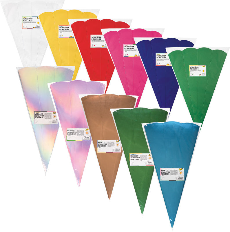 Folia Schultüten-Rohlinge – 10 Stück – mehrfarbig – Ø 200 × H 680 mm