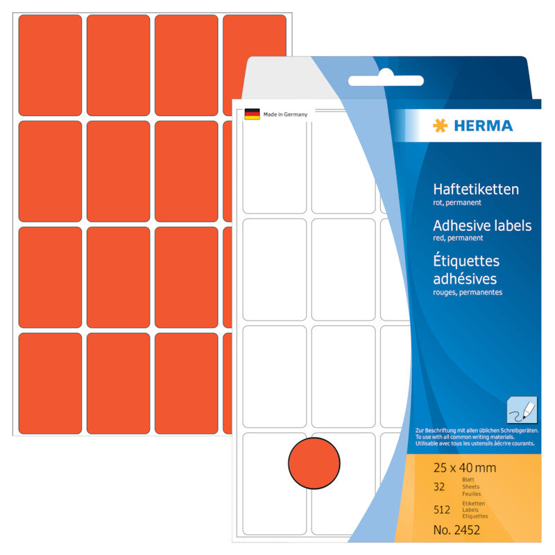 HERMA Schuletiketten – 25×40 mm, Abgerundete Ecken, 512 Stk, 32 Bogen, Papier, Permanent Haftend