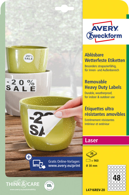 Avery Druckeretiketten, Ø 30 mm, weiss, Folie, extra stark, 20 Blatt (960 Etiketten)