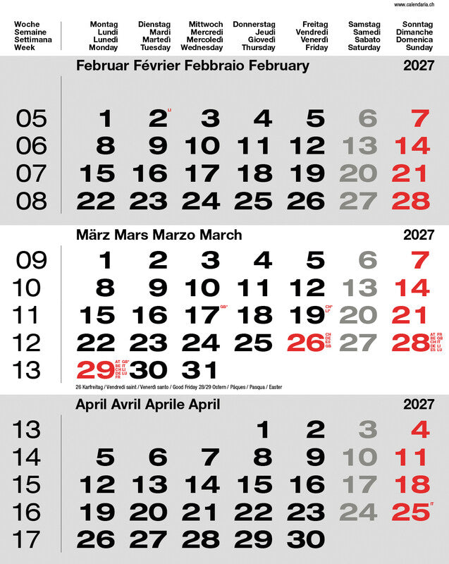 Calendaria 3-Monats-Kalender, 3 Monate pro Seite, 2027, 31 × 40 cm, d/f/i/gb, Spiralbindung, mit Datumsschieber