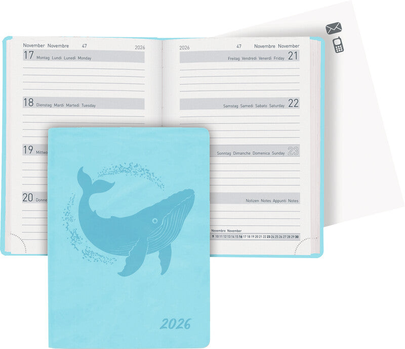 Biella Memento Ladytimer Agenda – 1 Woche/2 Seiten, gebunden, 10,1 × 14,2 cm, 2026, mehrsprachig, Katze, FSC