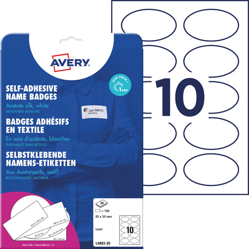 Avery Drucketiketten, 85 mm × 50 mm, weiss, Textil, selbstklebend, wiederablösbar, 200 Etiketten