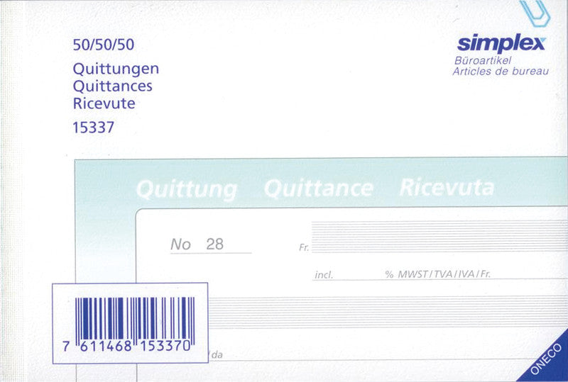 Simplex Oneco Formularblock – Quittungen 3-fach, mehrsprachig, 50 Blatt, A6