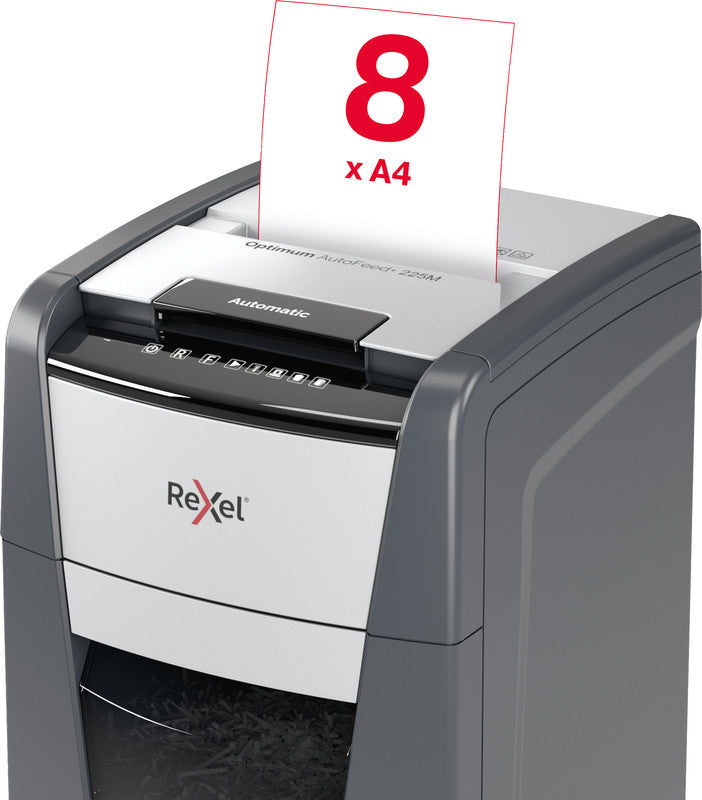 Rexel Optimum AutoFeed+ 225M – Aktenvernichter mit Autofeed 225 Blatt, DIN P-5, Mikroschnitt 2 × 15 mm, 60 l