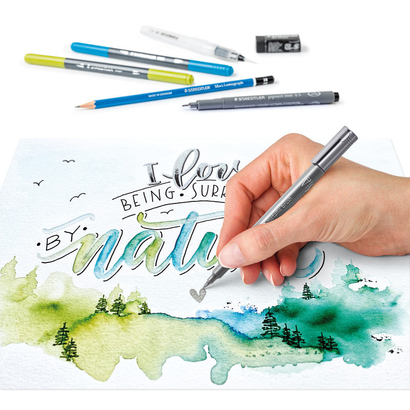 Staedtler Aquarell-Set Handlettering – 6 Doppelfasermaler, Pigment Liner, Metallic Brush Pen