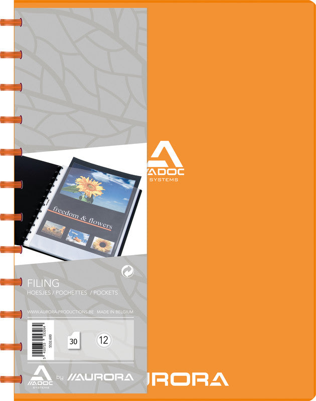 Adoc Bind-Ex Aurora Sichtbuch – 30 Sichttaschen, A4, austauschbar, genarbt, antireflex, orange, Kunststoff