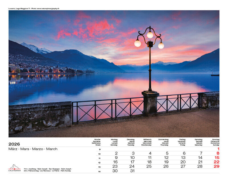 Calendaria Bildkalender Swiss Panorama 2026 – 40 × 31 cm – mit Aufhänger, mit Kartonrückwand