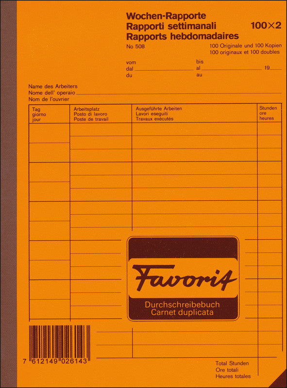 Favorit Formularblock – Wochen-Rapporte, mehrsprachig, 100 Blatt, A5