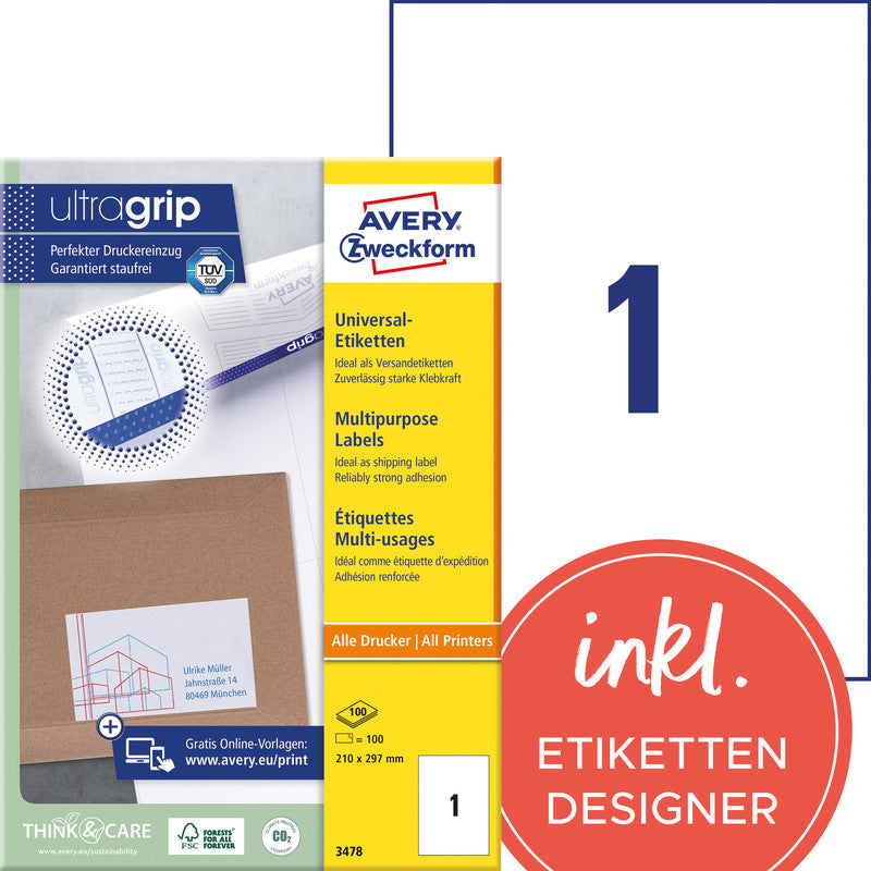 Avery Etiketten, 210 mm × 297 mm, weiss, Papier, permanent, 100 Blatt