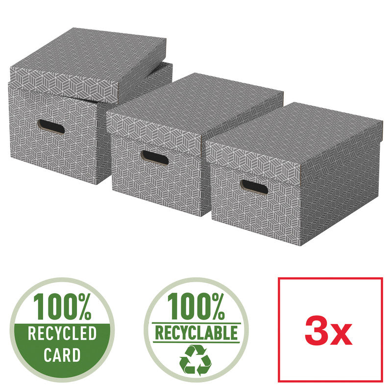 Esselte Archivschachtel A4 – mit Griffloch, 265 × 205 × 365 mm, Grau, Karton, 3er Pack